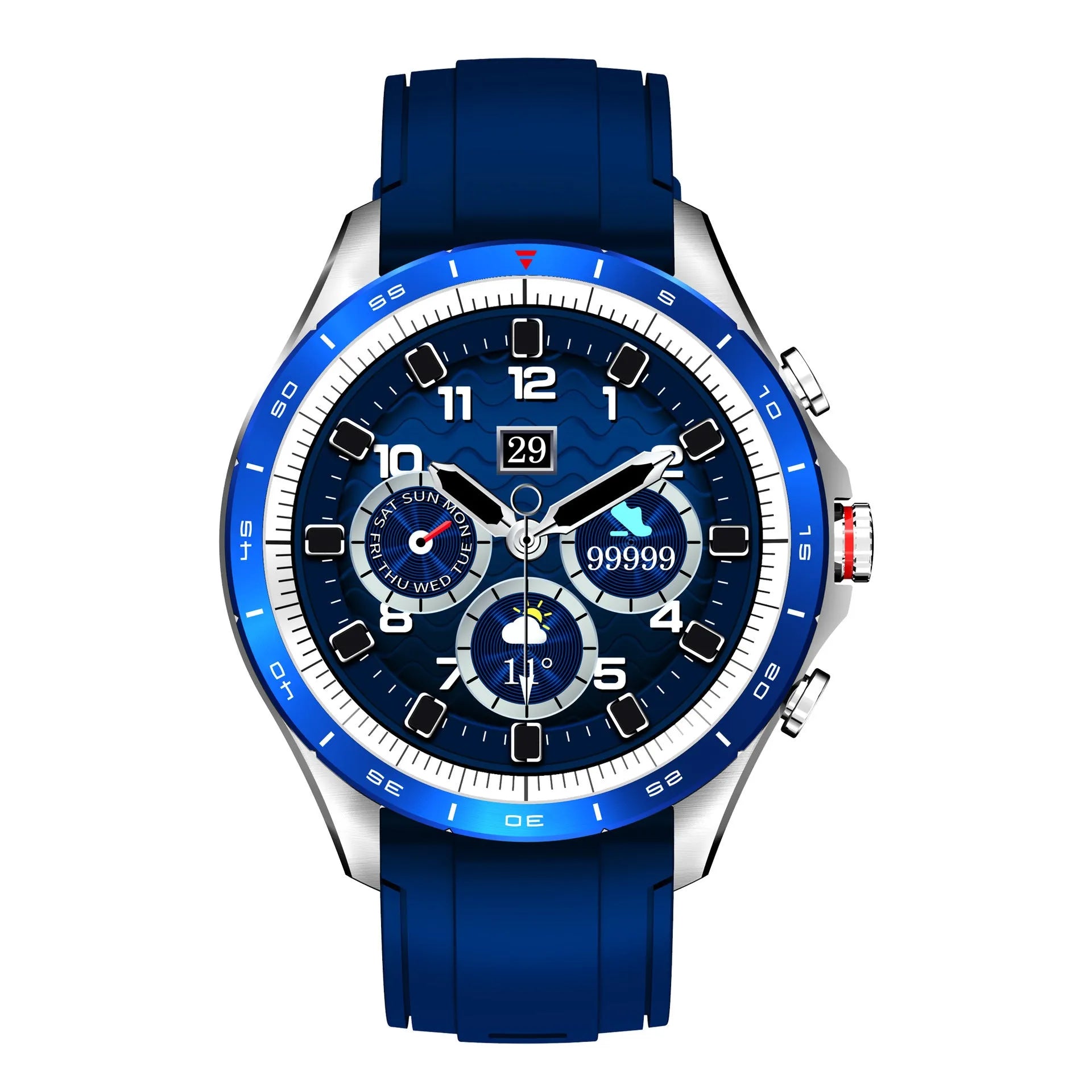Men's smart bracelet watch with zinc alloy screen and silicone wristband in black, blue, or grey colours