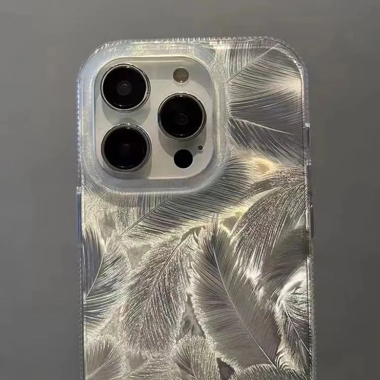 Feather pattern gradient TPU phone case in Silver Gray for iPhone, showing three-dimensional relief texture
