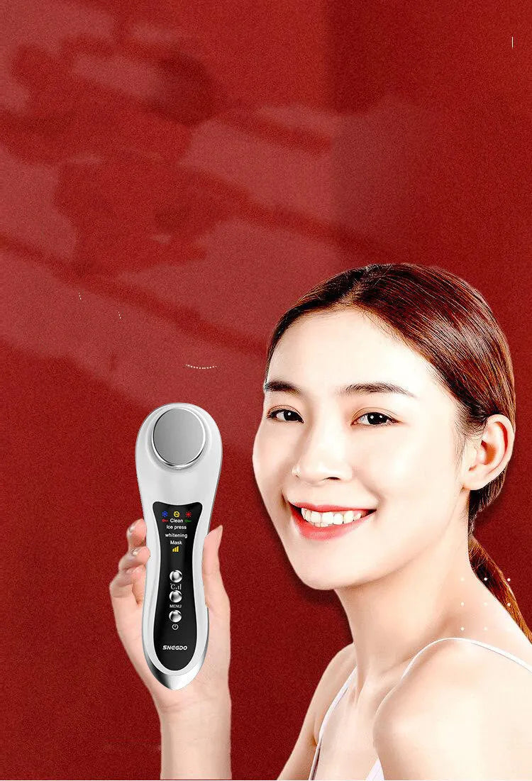Hot & cold eye massage machine in pearl white with four skin care modes, 178mm long, USB rechargeable