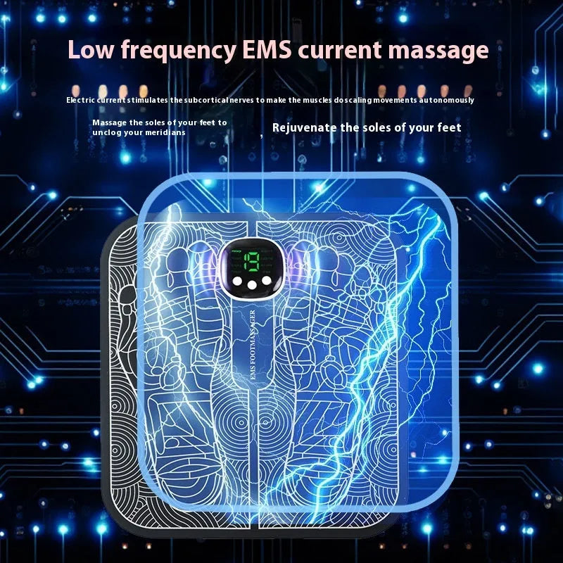 Blue and orange reflexology foot massager mat with USB charging cable and remote control