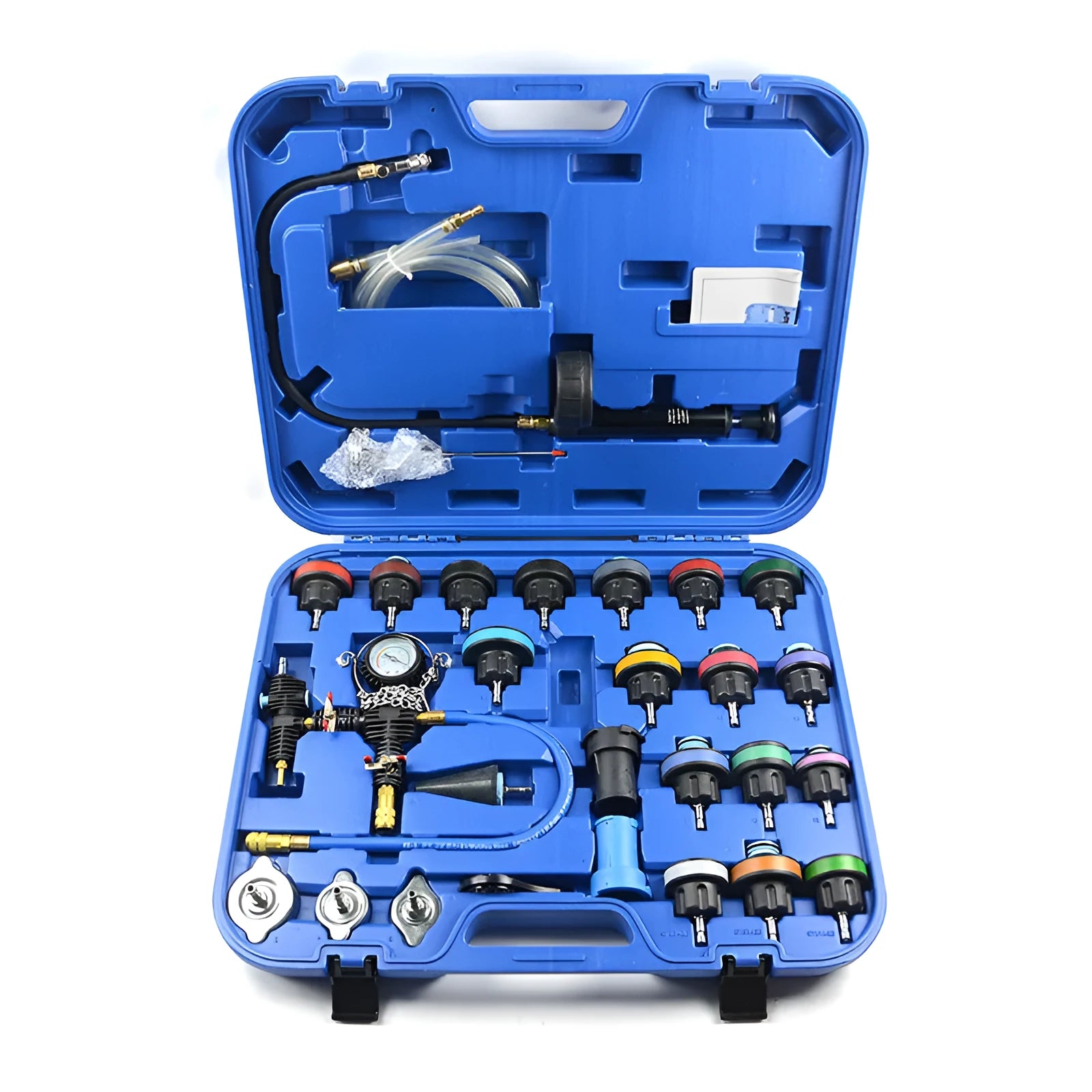 28-piece automotive radiator pressure testing kit with vacuum purge and refill tools