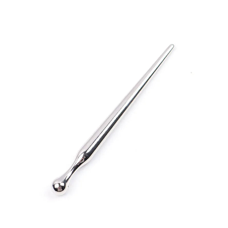 Silver metal urethral stimulation stick with round beads on a plain background