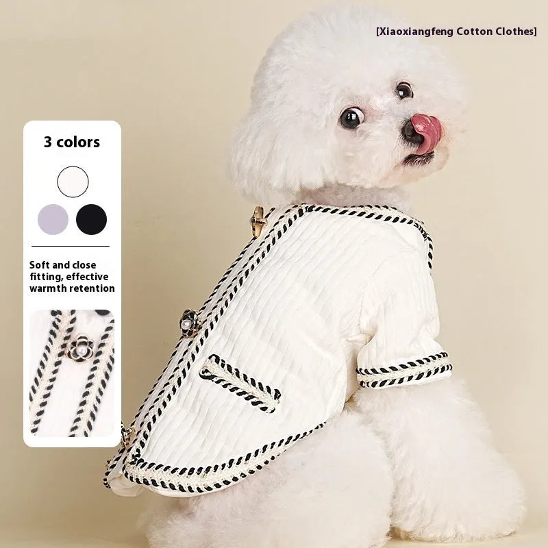 Quilted cartoon-style dog coat in light purple colour for winter warmth