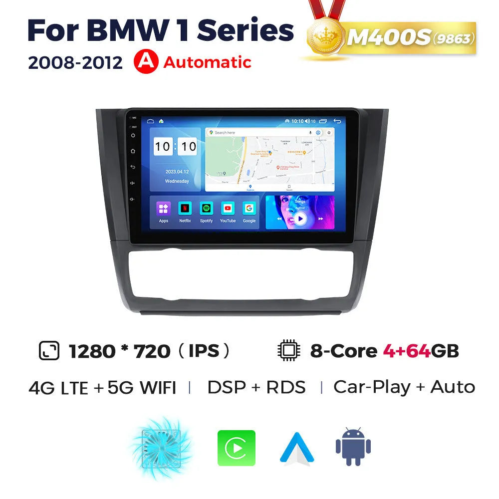 BMW E87 dashboard showing installed 9-inch Android car stereo and navigation touchscreen unit
