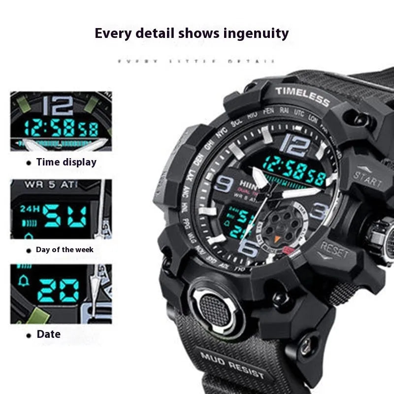 Men's waterproof sports watch with dual display, round dial, black resin case and PU strap