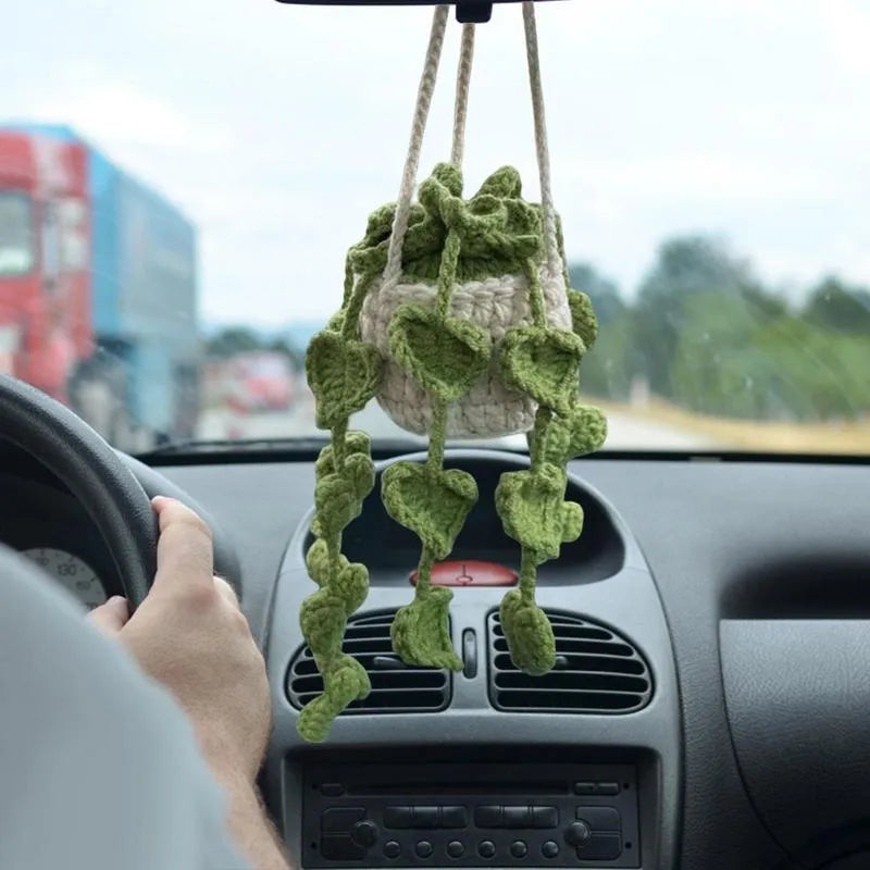Green and white knitted car plant ornament with 8cm basin base and hanging rope for vehicle interiors
