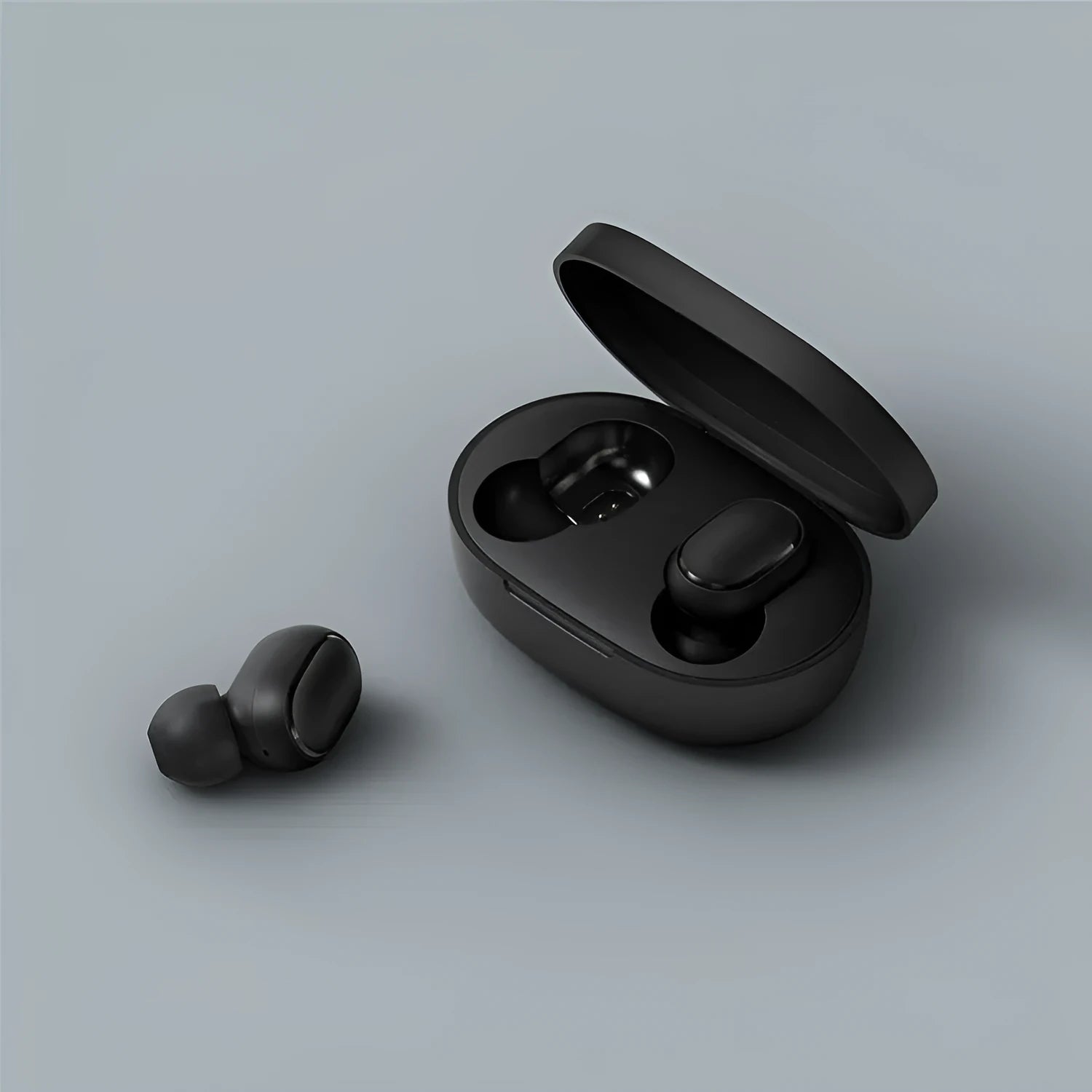 Redmi AirDots 2 black true wireless earbuds and charging case.
