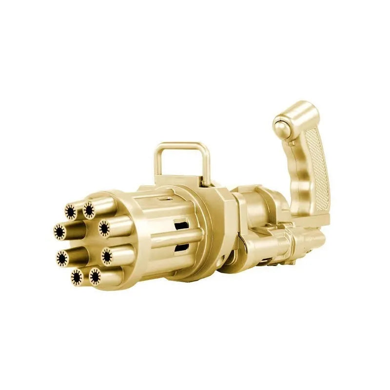 Kids plastic bubble machine gun toy in pink, gold, or black colours with removable bubblehead for fan use.