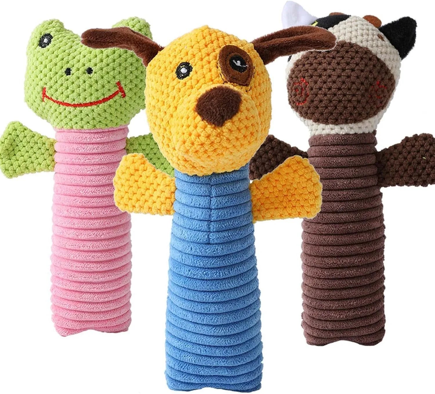 Soft plush dog chew toys in calf, frog and puppy designs with squeakers
