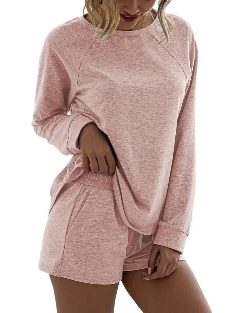 Women's round neck long sleeve top and shorts home sports suit in light blue, grey, pink, green and black