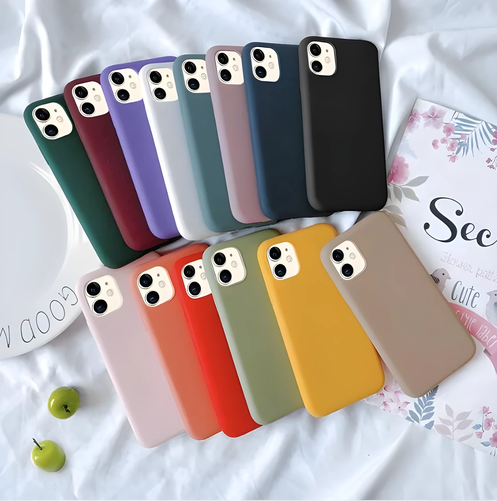 Frosted matte soft shell phone case for iPhone, shown in one of eight available colours.