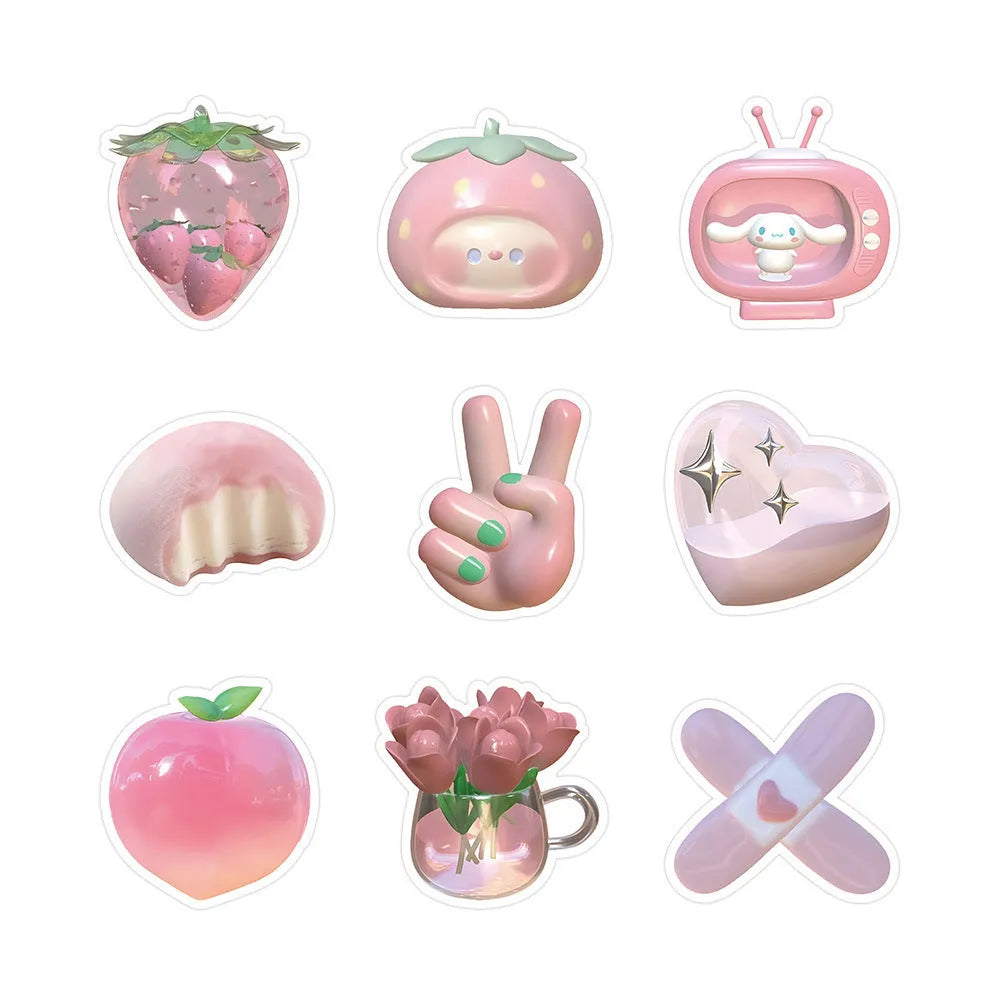 Pack of 63 pink girl heart decorative stickers with a realistic 3D effect and cute style.