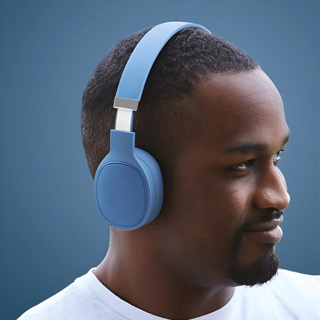 True wireless Bluetooth headphones with wired connection between earpieces showing colour options