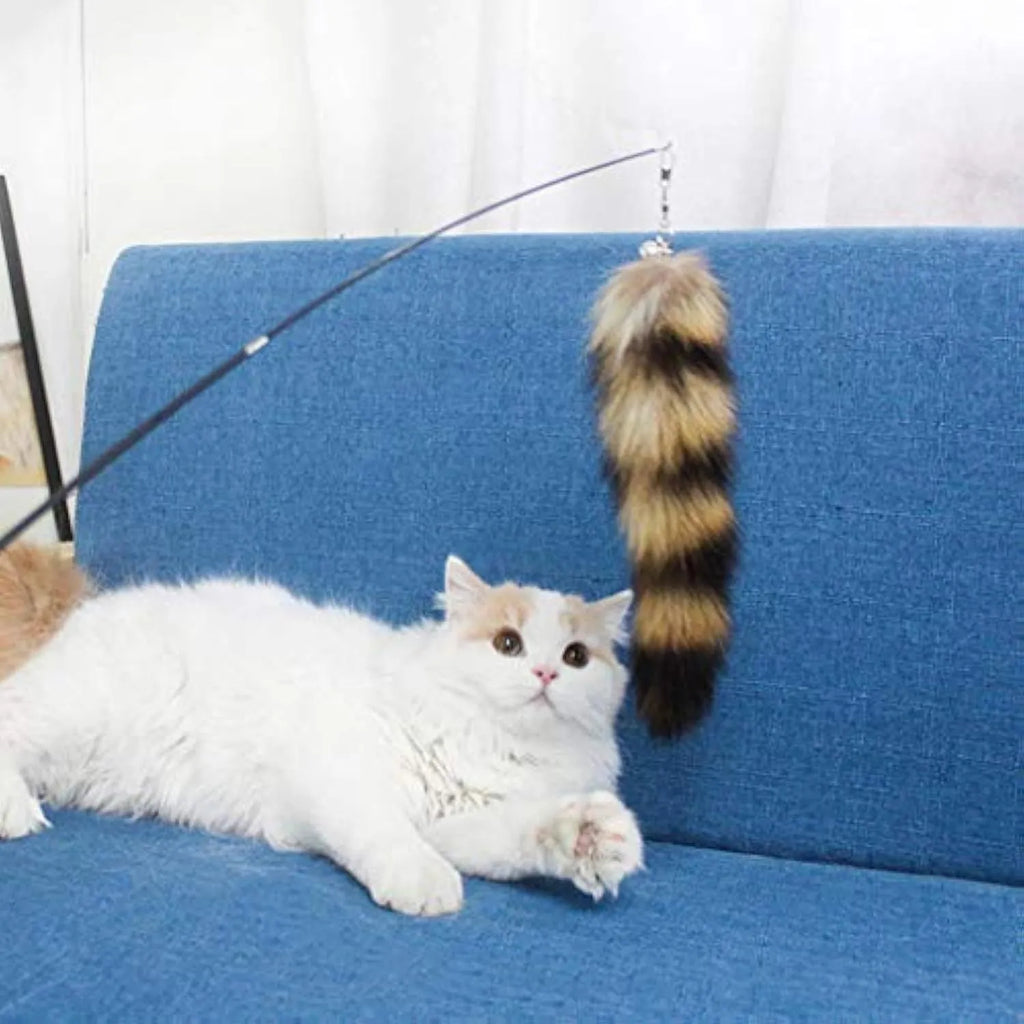 Black cat toy wand with elastic string and feather teaser, 42 cm long