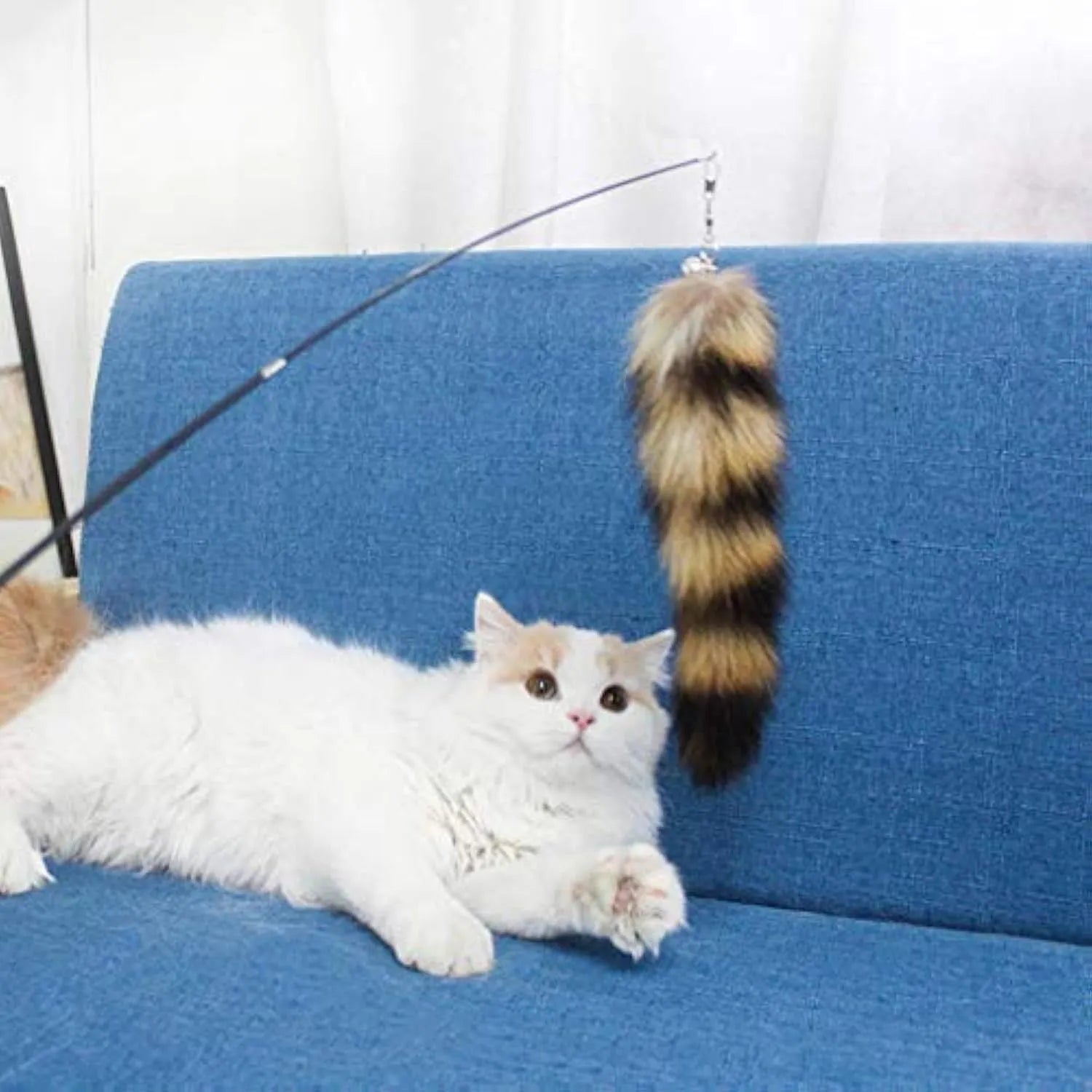 Black cat toy wand with elastic string and feather teaser, 42 cm long