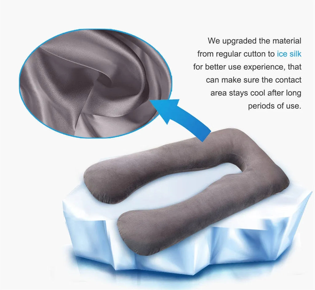 U-shaped maternity pillow in ice silk fabric for pregnancy support, shown in light blue colour.