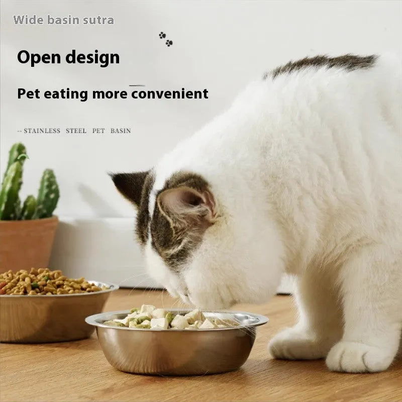 Stainless steel pet bowl with non-slip base, shown in one of five available sizes for dogs and cats.