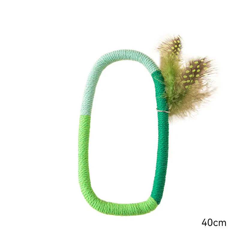 Green cotton rope circular cat toy with feathers and catnip for interactive play
