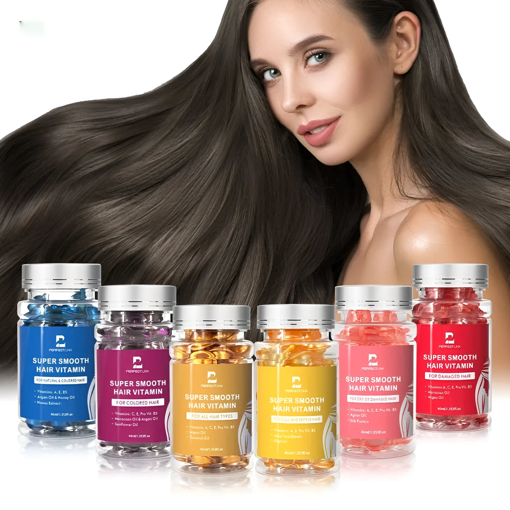 40ml plastic bottle of vitamin nuts hair care essential oil for frizzy hair, shown in one of six colour options