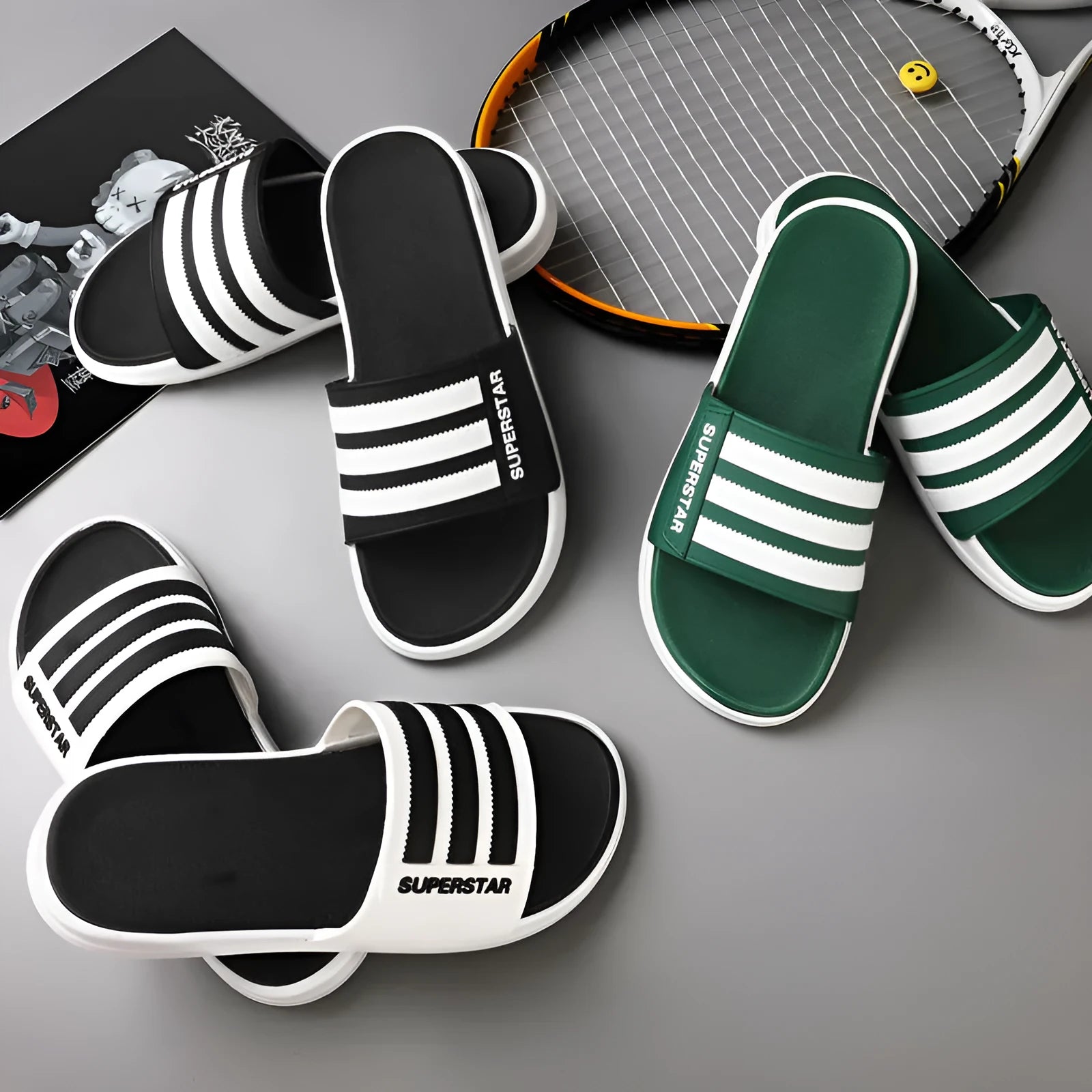 Non-slip bathroom slippers in black green and white with rubber outsole