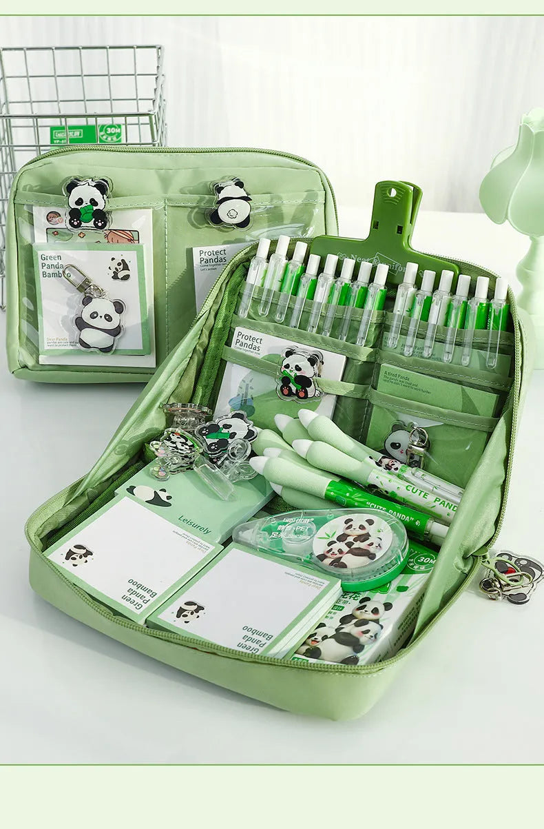 Green canvas panda pencil case showing twelve layered compartments open to reveal storage space
