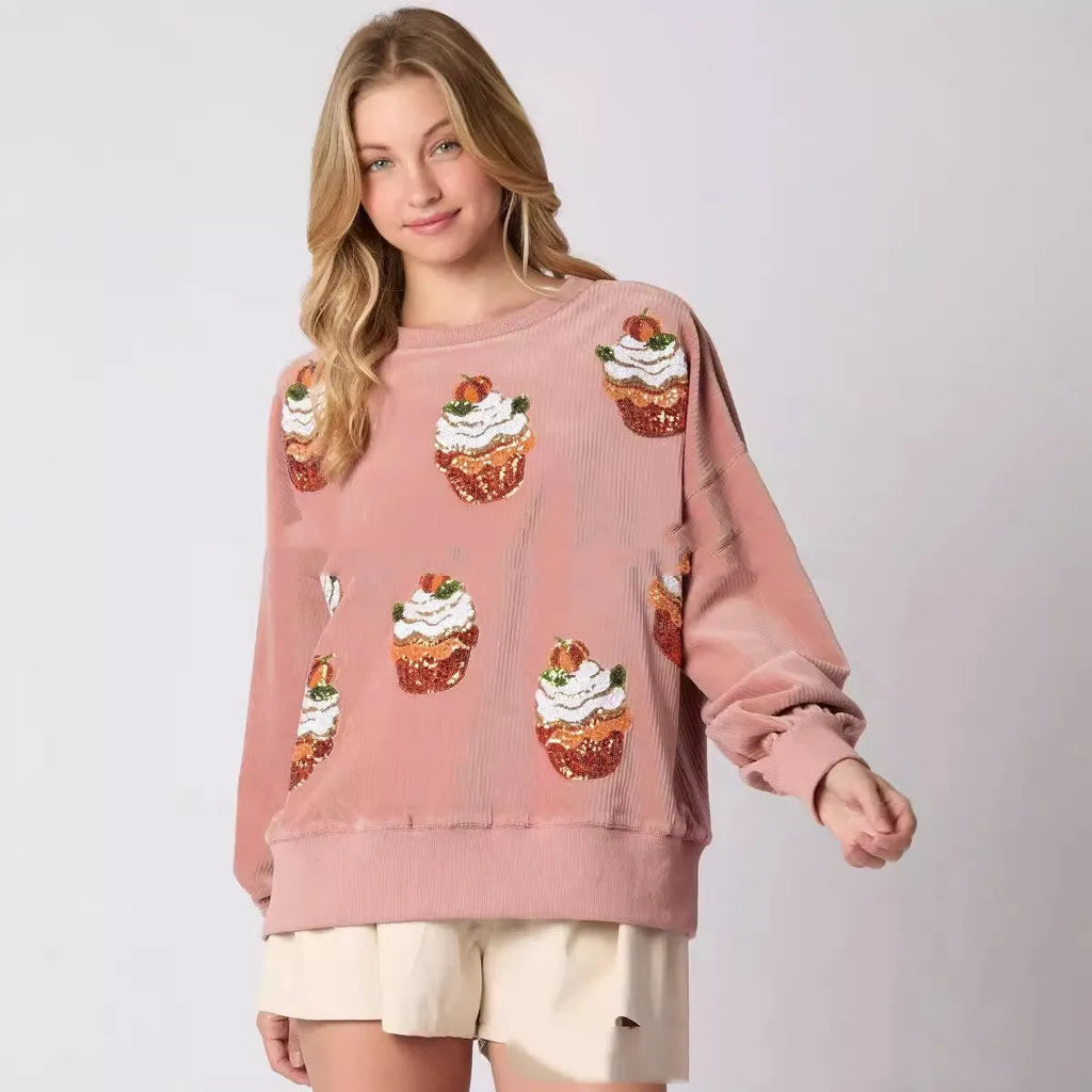 Pumpkin cake sequined round neck loose pullover sweater in rose colour with long sleeves