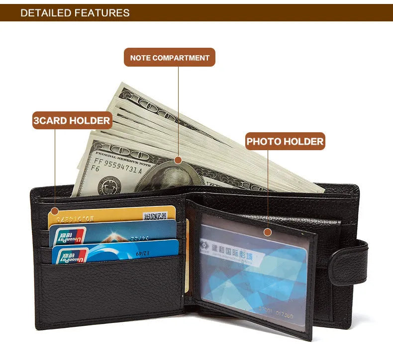 Black PU leather bifold wallet with buckle closure, multiple card slots, and coin pocket on white background