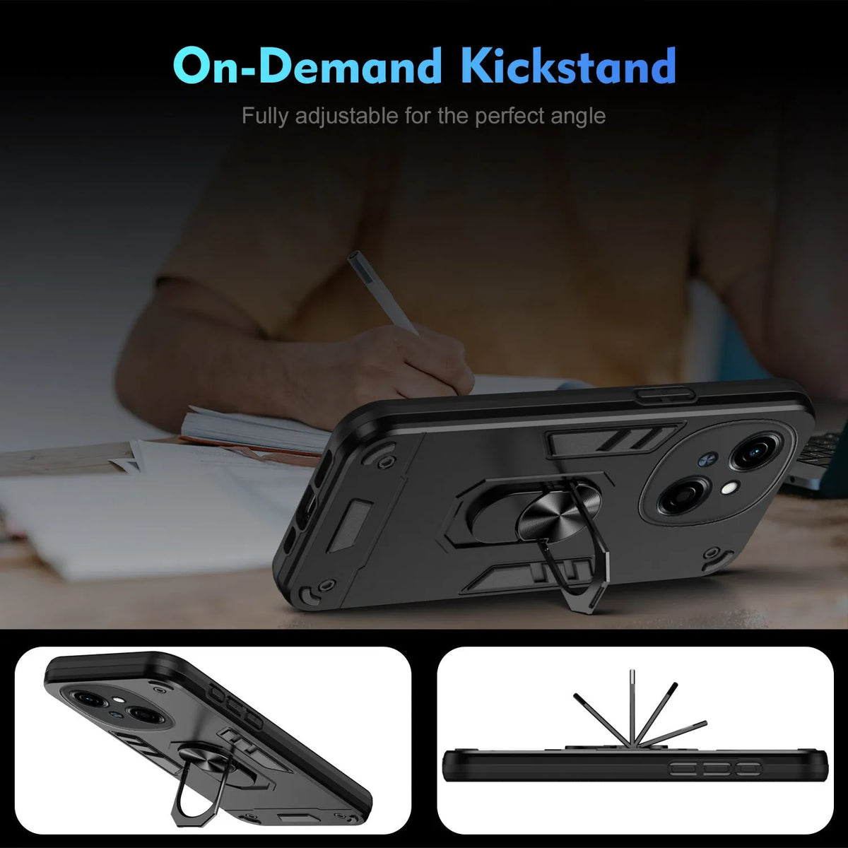 360 bracket phone case for Tecno models in black, blue or green, PC back cover with airbag and invisible bracket