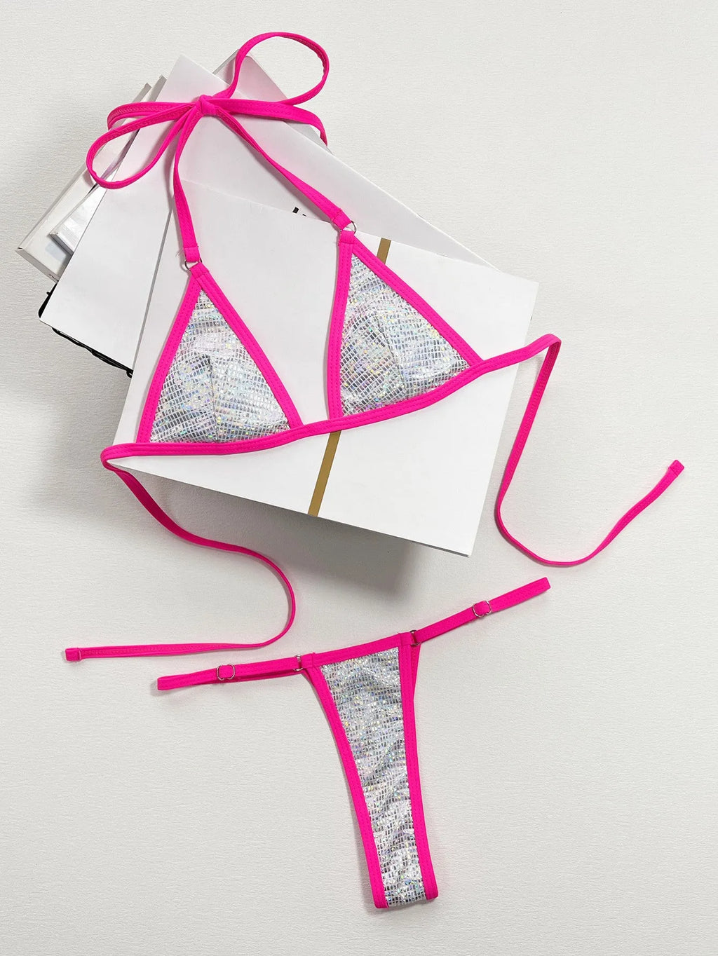 Silver solid colour women's split triangle bag swimsuit made from polyester, available in S, M and L sizes