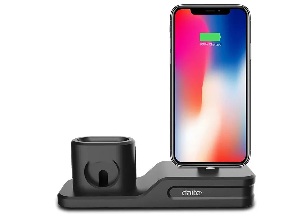 Black silicone 3-in-1 charging base for Apple iPhone, iWatch and AirPods