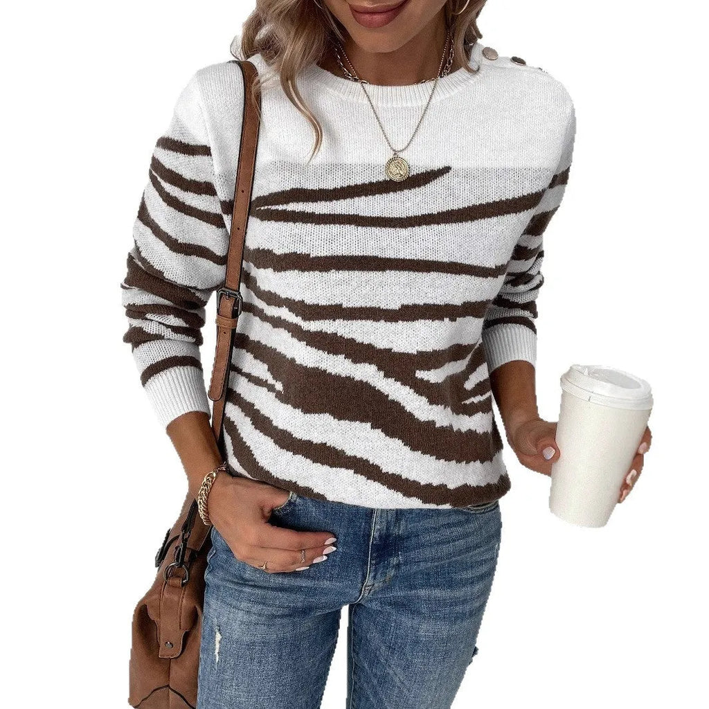 Zebra print round neck long sleeve sweater in acrylic knit, loose fit pullover, black and white colour