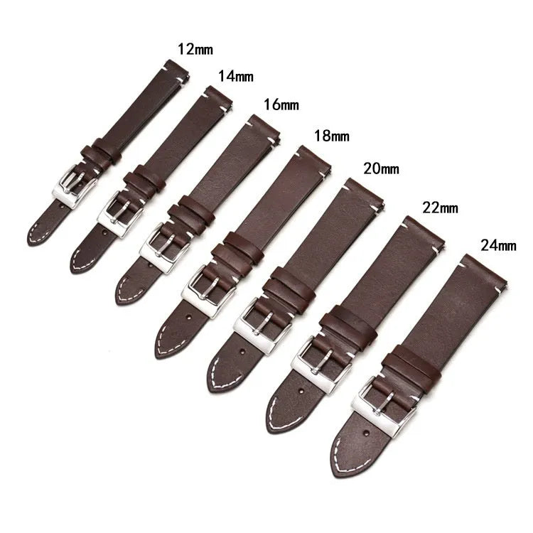 Leather watch strap with stainless steel pin buckle, available in black, dark brown, light brown, or yellow, 12mm to 24mm width, 2mm thick.