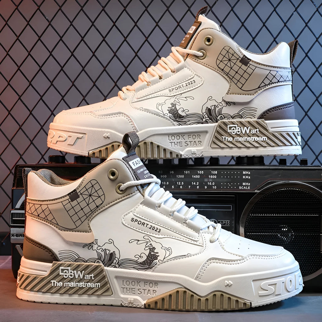 Men's casual high-top board shoes with rubber sole, broad fit, front lace-up, available in beige, white, and blue sizes 39-44.