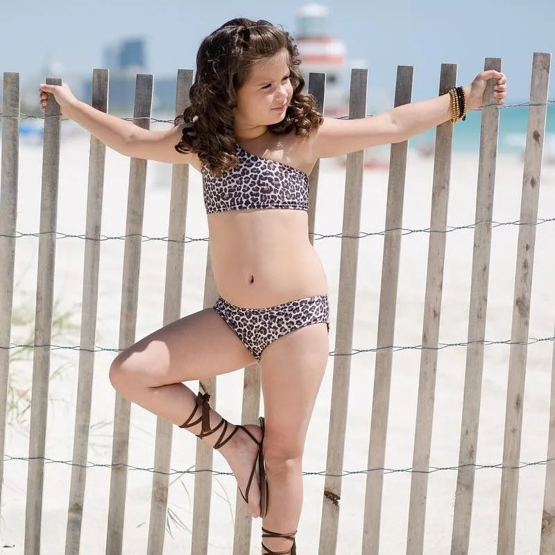 Kids baby girls leopard print one shoulder swimsuit in cotton blend, sizes 60-120
