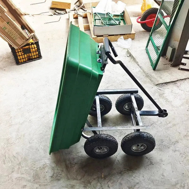Green four-wheel plastic dump truck with steel PP construction and 350kg capacity
