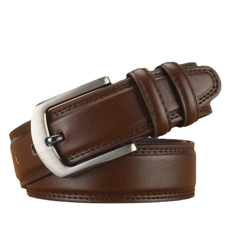 Men's pin buckle cowhide belt in black with alloy buckle and patent leather finish