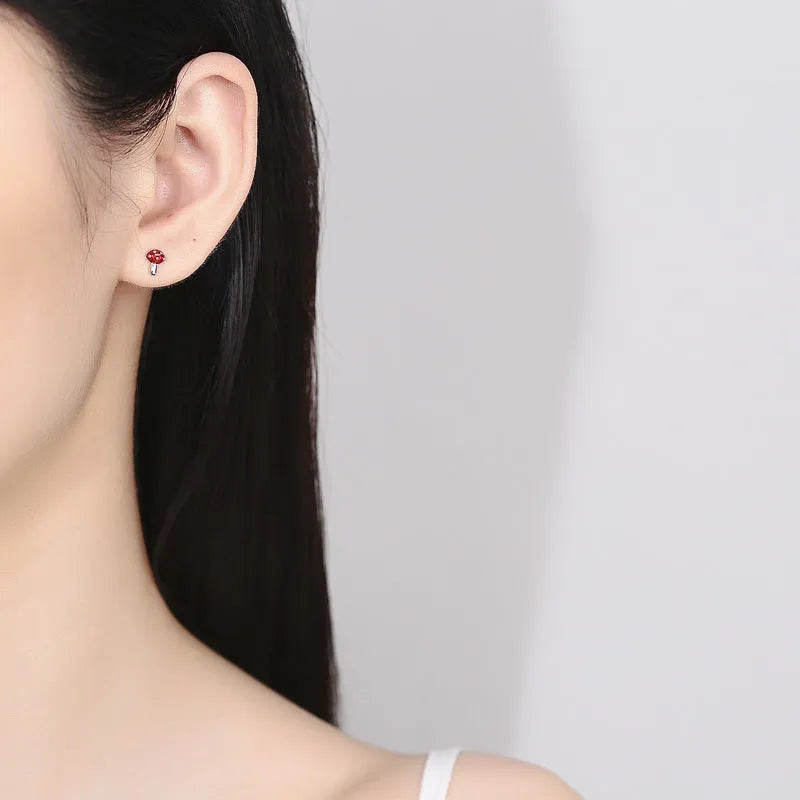 Pair of 925 sterling silver mushroom geometric line stud earrings in white gold finish with rubber stopper