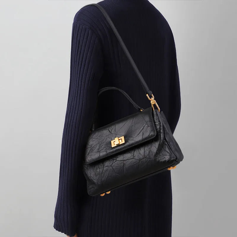 Women's crossbody bag in first layer cowhide leather, horizontal square shape, Black or Caramel Mocha