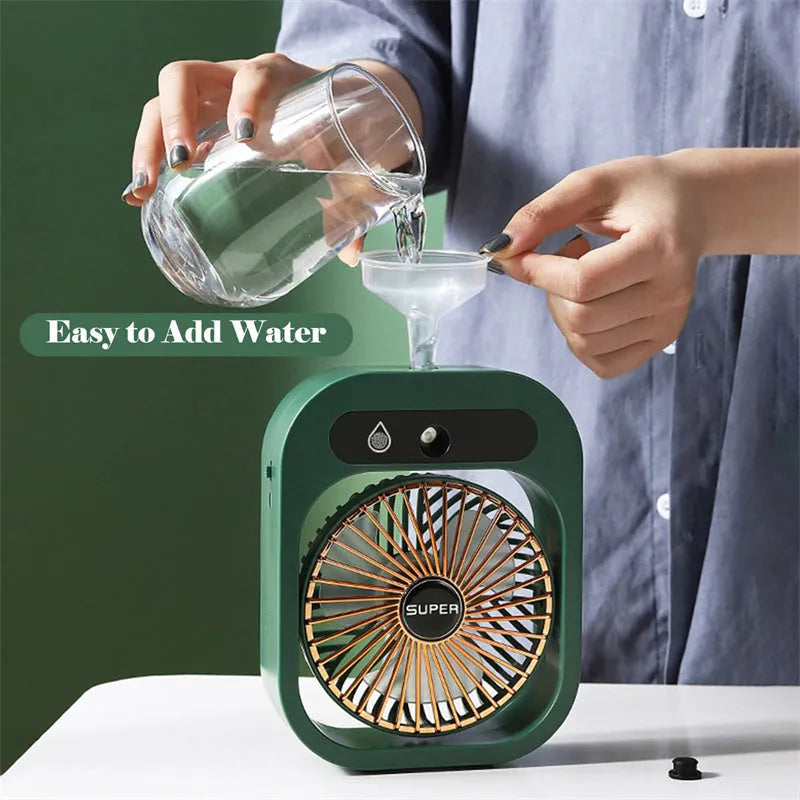 Green and white USB rechargeable misting fan air cooler with humidifier function