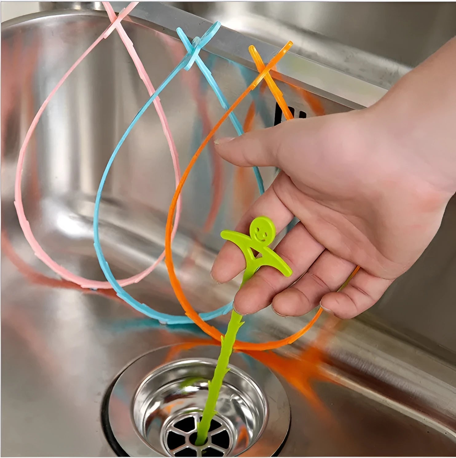Blue kitchen pipe dredging hook made of PP material, 51 cm long, with smiling face design