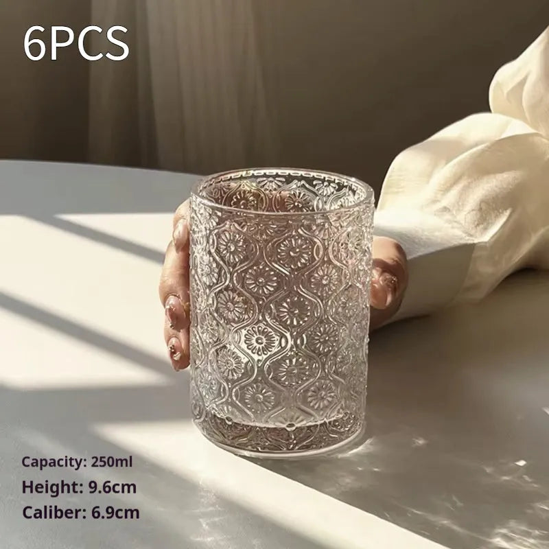 Carved begonia pattern glass water cup in solid colour showing 380ml high model and 250ml short version