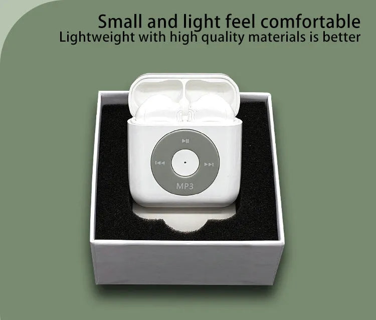 White wireless Bluetooth earphones and charging case with 32GB memory on a plain background.