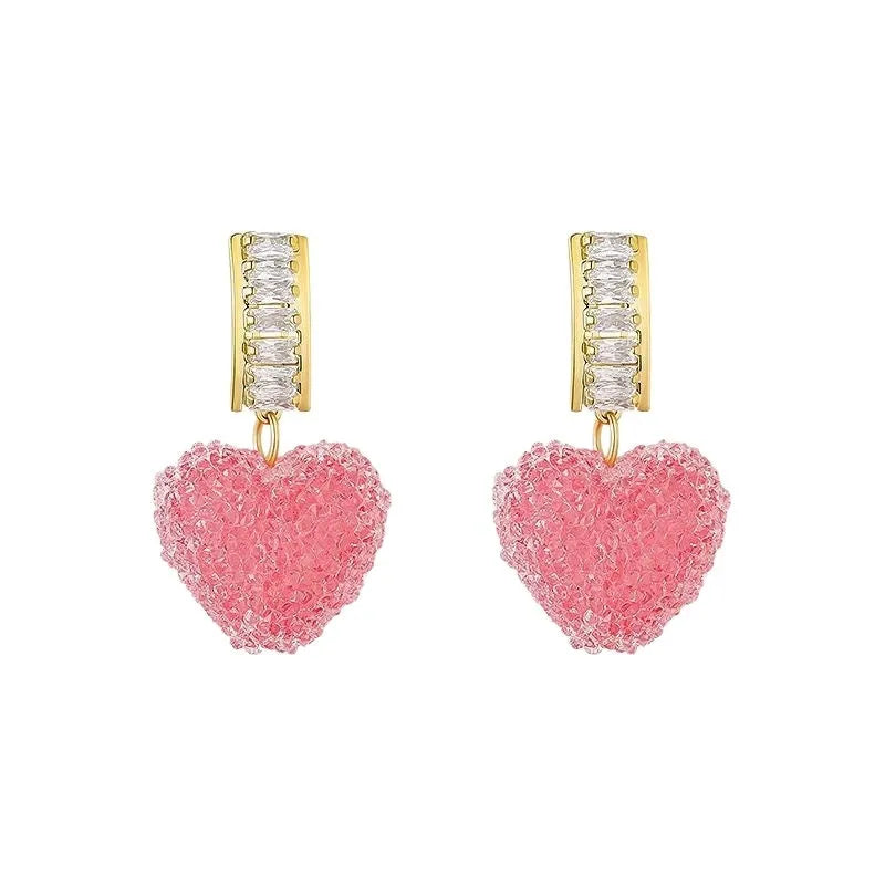 Peach heart-shaped stud earrings with candy gemstone accents in pink and blue colour variations