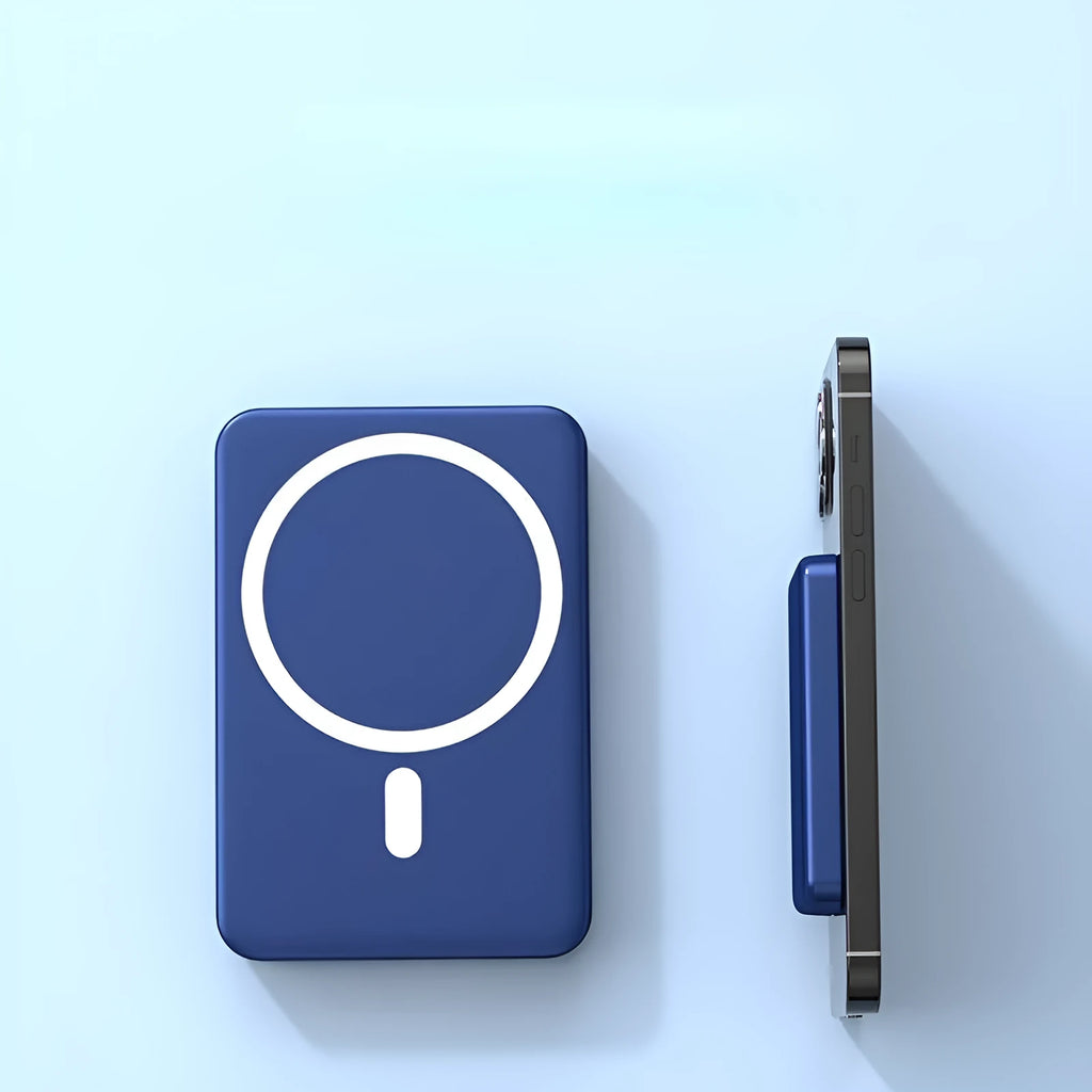 Ultra-thin 10000mAh power bank with magnetic wireless charging for iPhone in black, blue, and white colours
