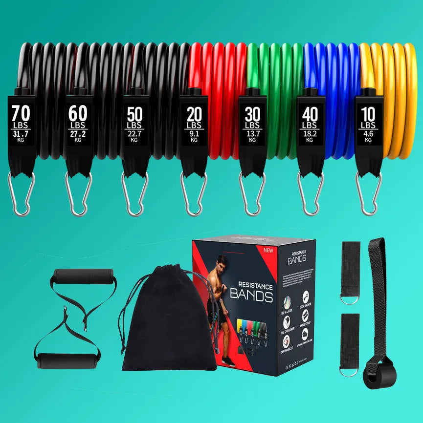 11 piece TPE latex resistance tensioner set for home fitness with colour coded bands