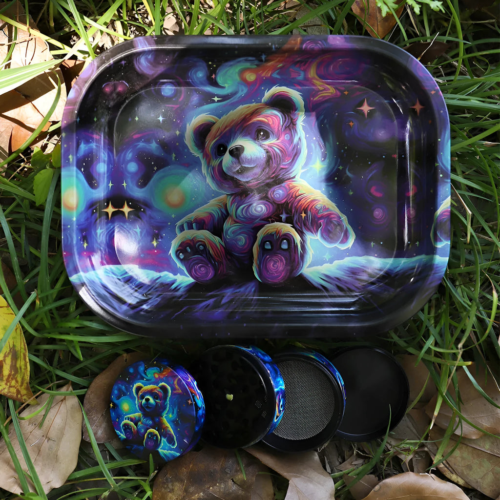 Aluminium alloy four-layer metal cigarette grinder and tray smoking set in Starry Bear colour