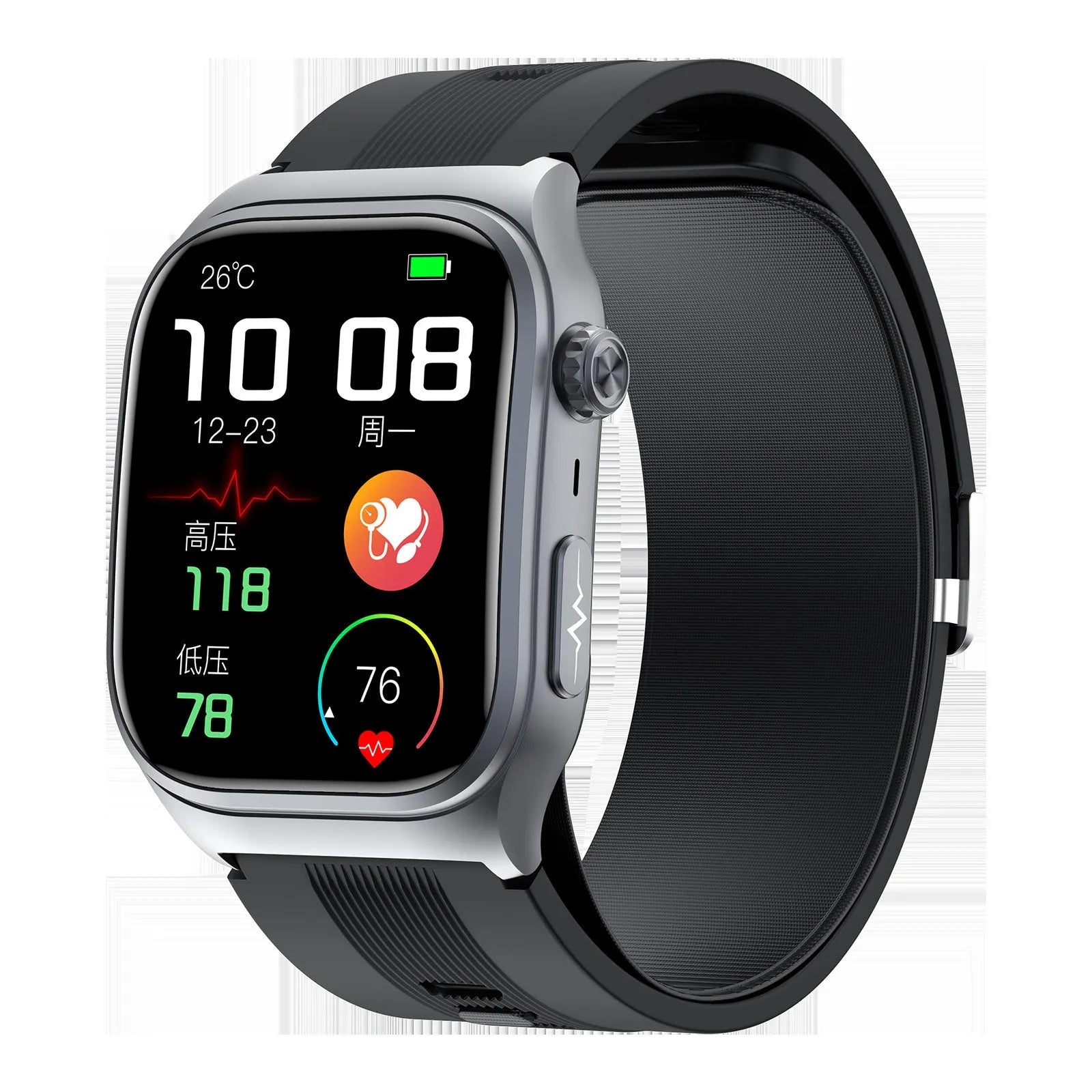 S15 Smart Watch with AMOLED display showing blood pressure and uric acid monitoring on a wrist with black leather strap