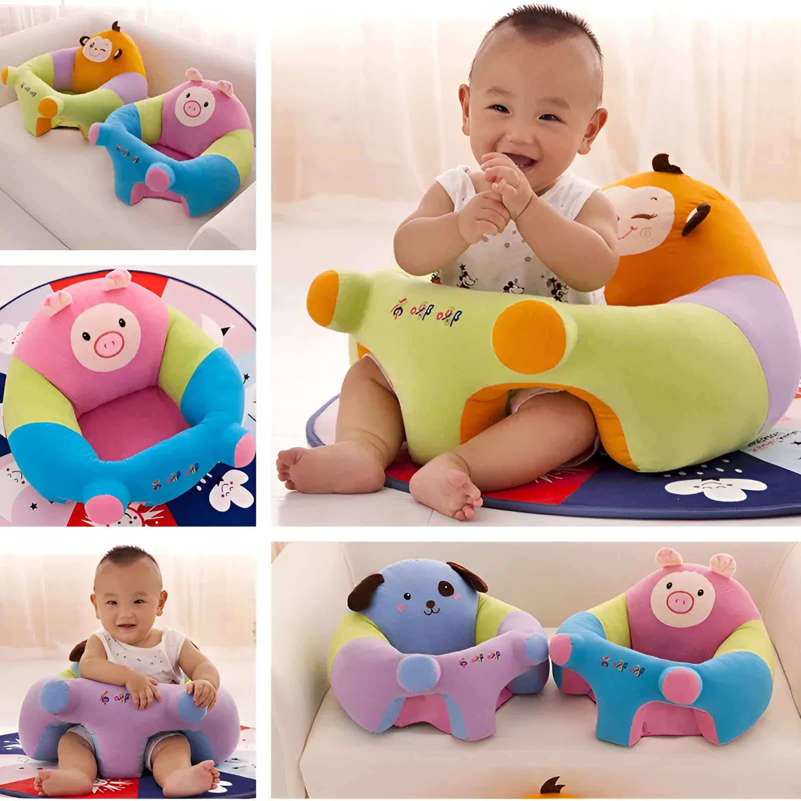 Baby learning sofa in elephant colour with anti-rollover support, washable cotton cover, and PP cotton filling