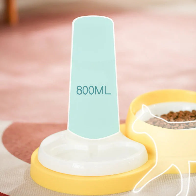 Grey and yellow double pet feeding bowl with separate food and water compartments measuring 26cm