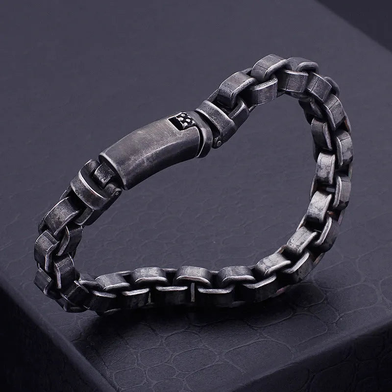 Black titanium steel geometric chain bracelet for men, 22cm length, retro punk style